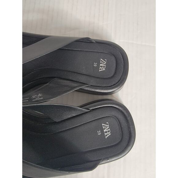 ZARA Black Platform Thong Sandal Leather Square Toe Padded EU 39 / US 8.5 - 9 - Picture 7 of 9